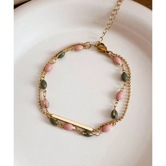 Double Layer Oval Enamal Bead Gold Chain Bracelet Adjustable 2-Tone Pastel Pink - Picture 4 of 4
